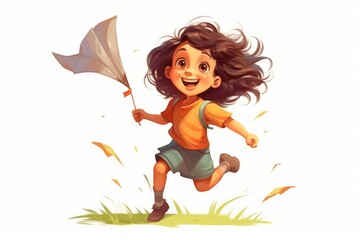 Little girl character playing with a kite, running through a field on white background. AI generated