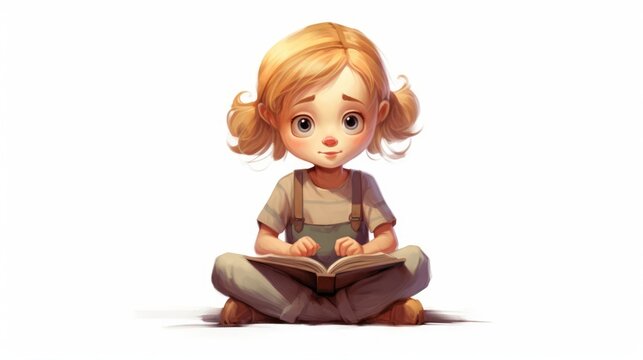 Little girl character sitting cross-legged and reading a book on white background. AI generated