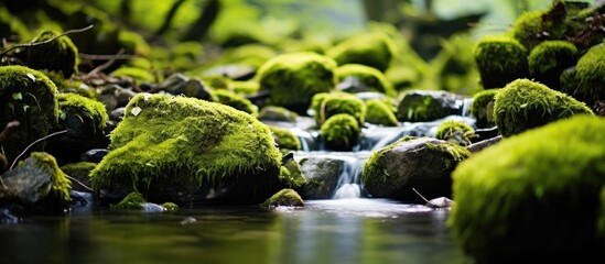 Forest stream with moss covered stones captured in a closeup shot
