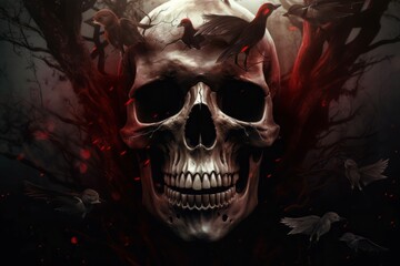Skull creepy blood demons birds. Devil horror scary fear. Generate Ai