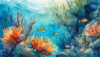 Watercolor illustration of seaweed and underwater fantastic fish, beautiful jellyfish, seashells in the depths of the ocean.