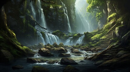 Naklejka na ściany i meble A cascading waterfall hidden deep within the forest, its roar echoing amidst the quietude.