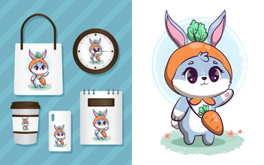 Fototapeta premium little adorable rabbit, set t shirt mockup and merchandising , vector hand drawn
