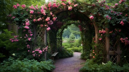 A charming garden arbor covered in climbing vines and flowers, acting as a gateway to the garden's wonders.