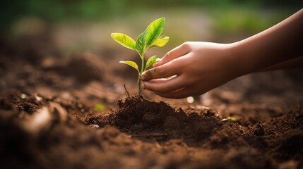 A child's hand planting a sapling in a garden, capturing the essence of growth and nurturing.