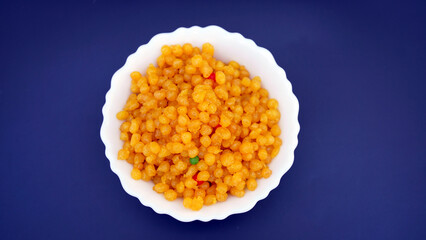 Boondi: Indian sweets; Boondi or Bundiya is an Indian dessert made from sweetened, fried chickpea flour
