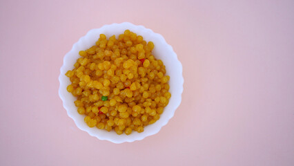 Boondi: Indian sweets; Boondi or Bundiya is an Indian dessert made from sweetened, fried chickpea flour