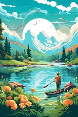 illustration of people with boat at the lake and hills landscape vintage