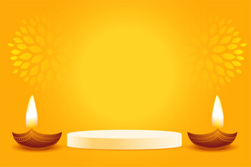 3d podium and diya design on yellow background for diwali festival vector