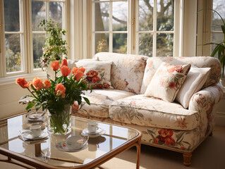 Beige Living Room with Floral Sofa