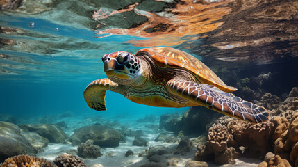 Naklejka na ściany i meble Close up view of a marine sea turtle. Marine and wildlife concept.