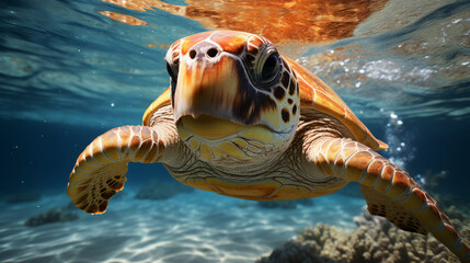 Fototapeta premium Close up view of a marine sea turtle. Marine and wildlife concept.
