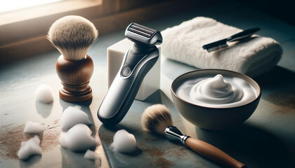 An image of a modern electric shaver placed on a bathroom counter, alongside a bowl of shaving foam and a soft bristle brush - Generative AI