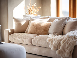 Beige Sofa with Chenille Fabric in Focus Room
