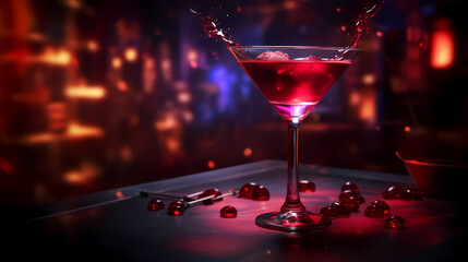 A wild night with a bold red cocktail, set against a dark, mysterious nightclub background, igniting the thrill of a night out on the town