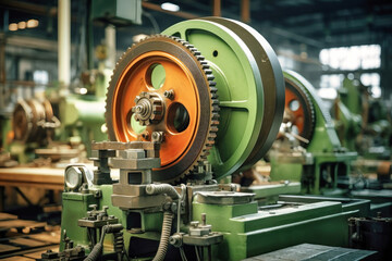 Fototapeta premium Photo of an interior view of a large industrial machine in a factory. Modern metal processing at an industrial enterprise. Manufacturing of high-precision parts and mechanisms.