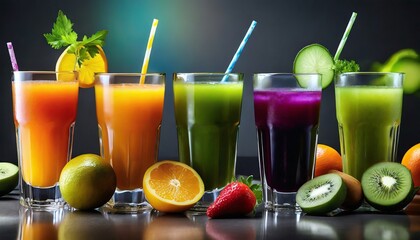 Fresh fruit detox juices on glasses - obrazy, fototapety, plakaty