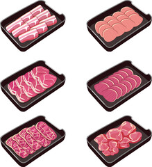 set of meat Menu isolated illustration. pork meat, beef, chicken, shabu, sukiyaki, moo kra ta.