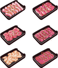 set of meat Menu isolated illustration. pork meat, beef, chicken, shabu, sukiyaki, moo kra ta. - obrazy, fototapety, plakaty