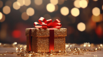 Fototapeta na wymiar Christmas golden gift boxes on blur bokeh background