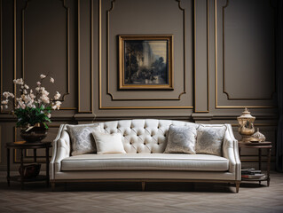 Beige Tufted-Back Sofa in Diamond Pattern Room