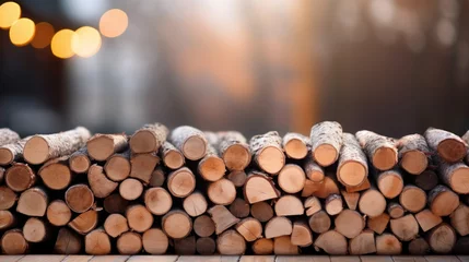  Stack of firewood on the table against the blurred background © tashechka