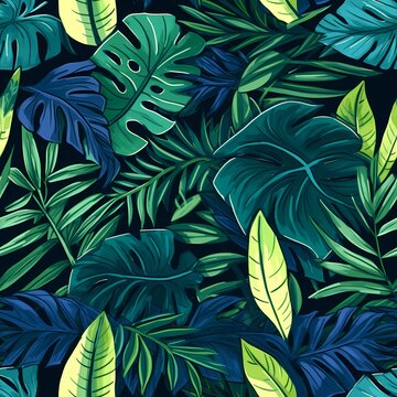 tropical green leaves with blue paper acrylic painted seamless pattern