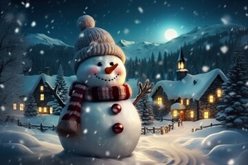 Christmas backdrop decoration with snowman on snow at night with Christmas tree view and small village with blue sky