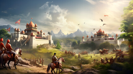 a group of people riding horses in front of a castle, a detailed matte painting by Ram Chandra Shukla, cg society contest winner, fantasy art, matte painting, concept art, artstation hd
 - obrazy, fototapety, plakaty