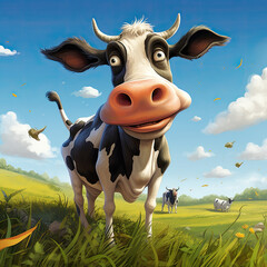funny cartoon cow on the grass with flat blue sky