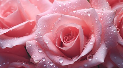 A close-up of dew-kissed rose petals, the droplets magnifying the delicate textures.