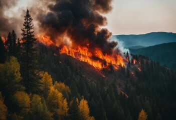 An AI illustration of a wildfire spreads black smoke while seen from the top
