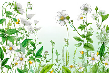 White flowers were in full bloom in the field. Basking in the refreshing sunlight and swaying in the wind, Generative AI.
