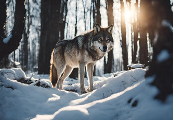 wolf in winter forest, wolf in snow, wolf in winter
