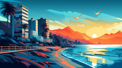 An illustration of Embankment, in the style of vibrant postmodernism, coastal scenes, Generative AI