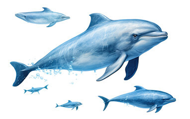 Multiple Cute Dolphin Fishes School Isolated on Transparent Background PNG.