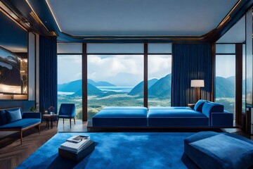 the badroom of luxury hotle, the sofa's of blue color, HD view, with landscape view through window,...