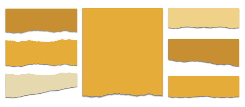 Golden torn paper. Collection of realistic ripped pieces of scrap papers.