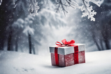 Christmas or New Year gift box on snow against blurred natural forest background.