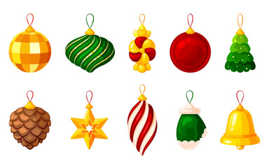 Christmas tree toys glass holiday cartoon flat set. New Year decoration green red gold candy star ball pine cone icicle mitten bell spiral gift celebration design party element isolated 