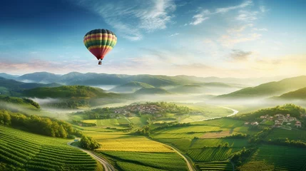 Deurstickers The tranquil scene of a hot air balloon floating gracefully over a patchwork of green fields below. © Khan
