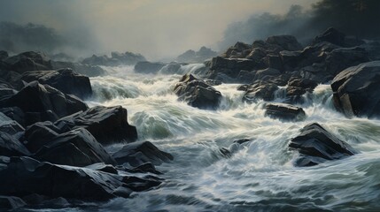The turbulence of water as it rushes over river rocks, capturing the motion and power of nature.