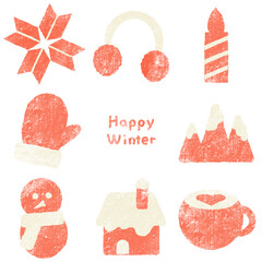 冬とクリスマスの温かみあるアイコンイラストセット（レッド）