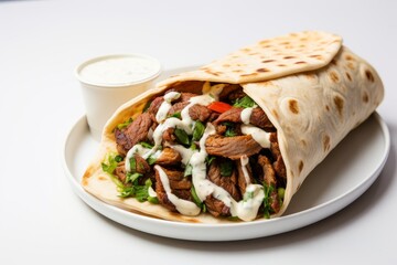 Photo of a dish of Middle Eastern shawarma with tahini on a pristine white countertop. Generative AI
