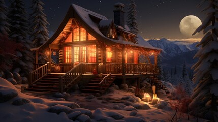 A cozy wooden cabin lit from within, offering a beacon of warmth in the cold winter night.