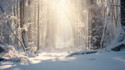 A dense forest blanketed in snow, branches heavy and sparkling under a muted winter sun.