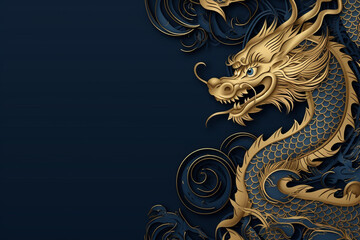 Dragon on blue background. Vector illustration for Chinese New Year. Golden dragon.