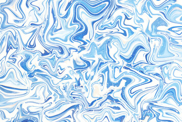 白い滴を飛ばしたアクティブなイメージの青色マーブル模様背景 - obrazy, fototapety, plakaty