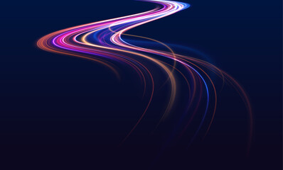 Vector speed of light in space on dark background. Abstract background in blue, yellow and orange neon colors. Magic of moving fast lines. Laser beams, horizontal light rays. Particle motion effect.