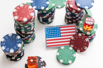 Casino. Gambling in the United States. poker chips, usa flag on blackjack table